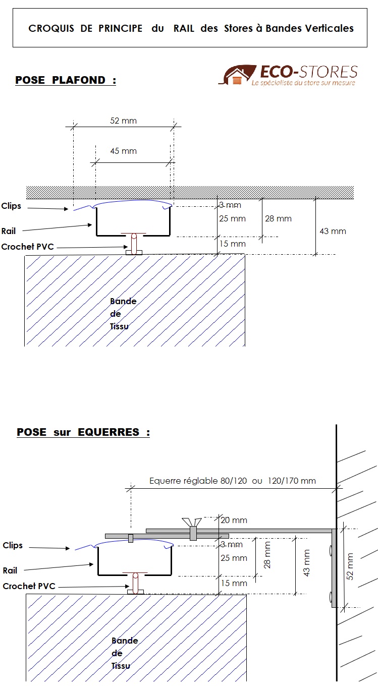 Notice - Croquis descriptif Rail + equerres Store Bandes Verticales Californien Sur mesure - ECO-STORES